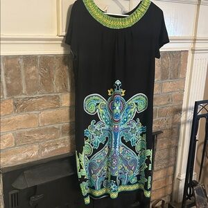 Perceptions Black Dress with Green and Purple Accents size 10 beautiful